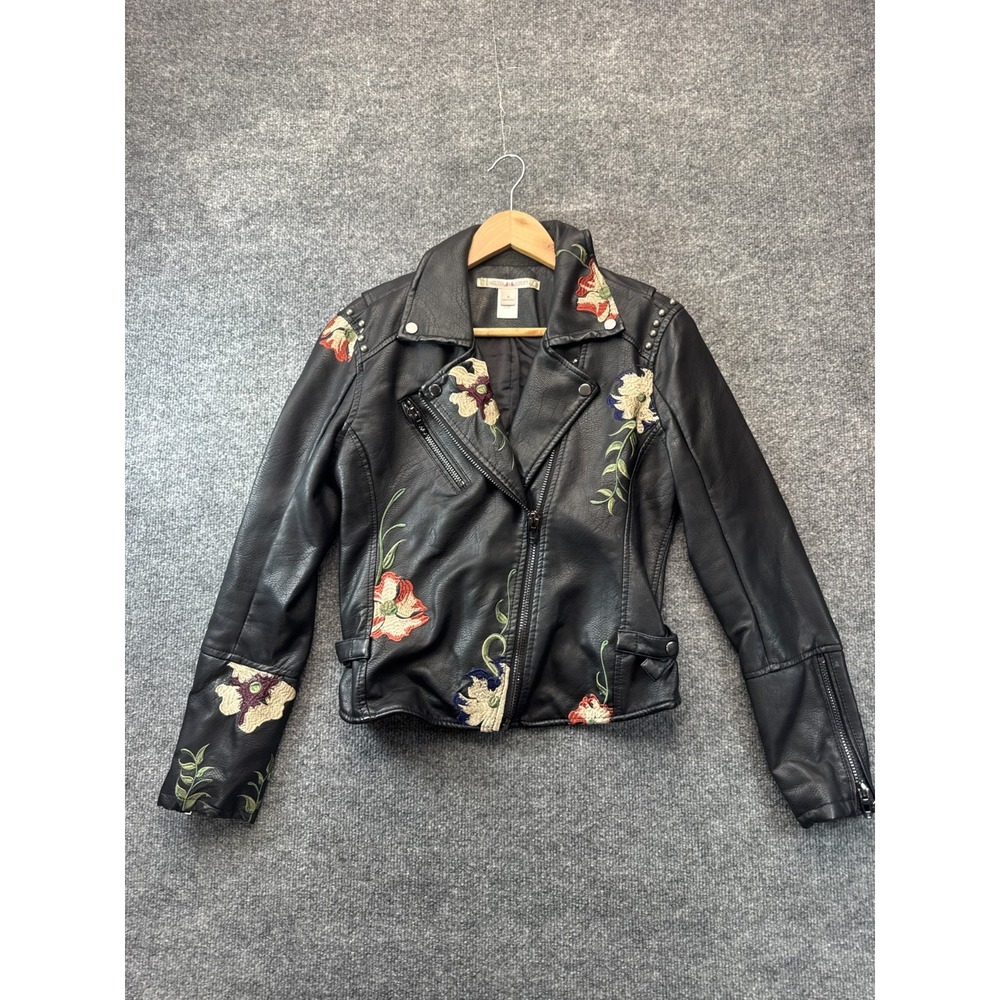 Chelsea & Violet Faux Leather Moto Jacket Womens Small Black Floral Embroidered